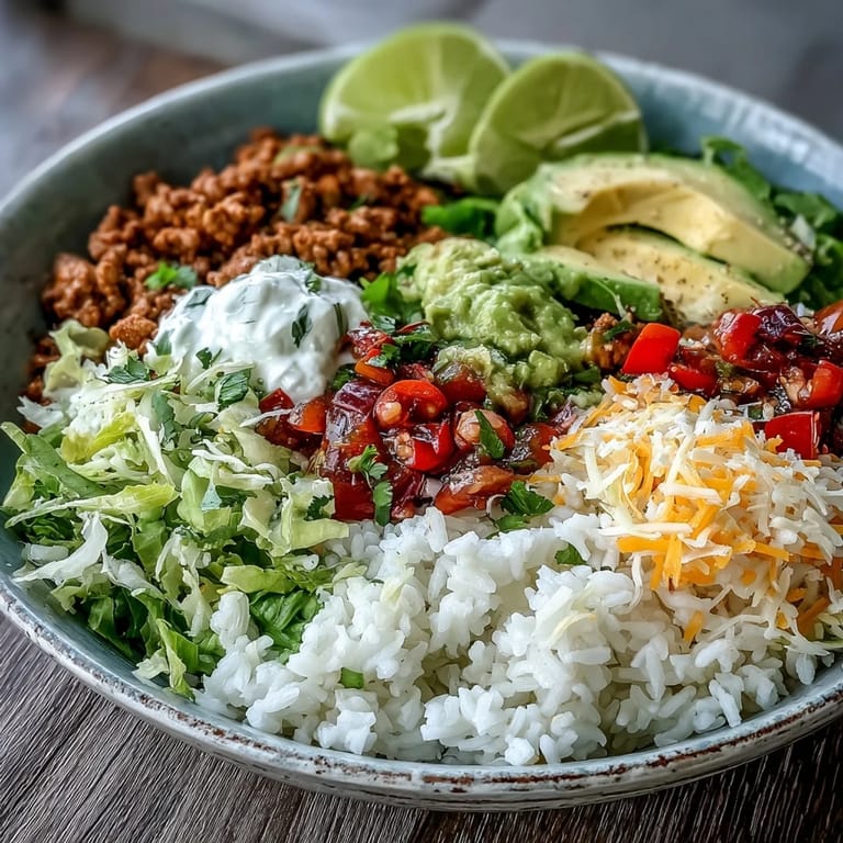 A close-up of a Turkey Taco Bowl with avocado, cheese, sour cream, and fresh cilantro.