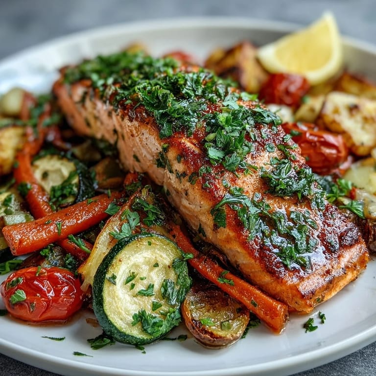 A healthy, gluten-free dinner for four featuring tender salmon fillets nestled among colorful roasted vegetables on a single sheet pan.