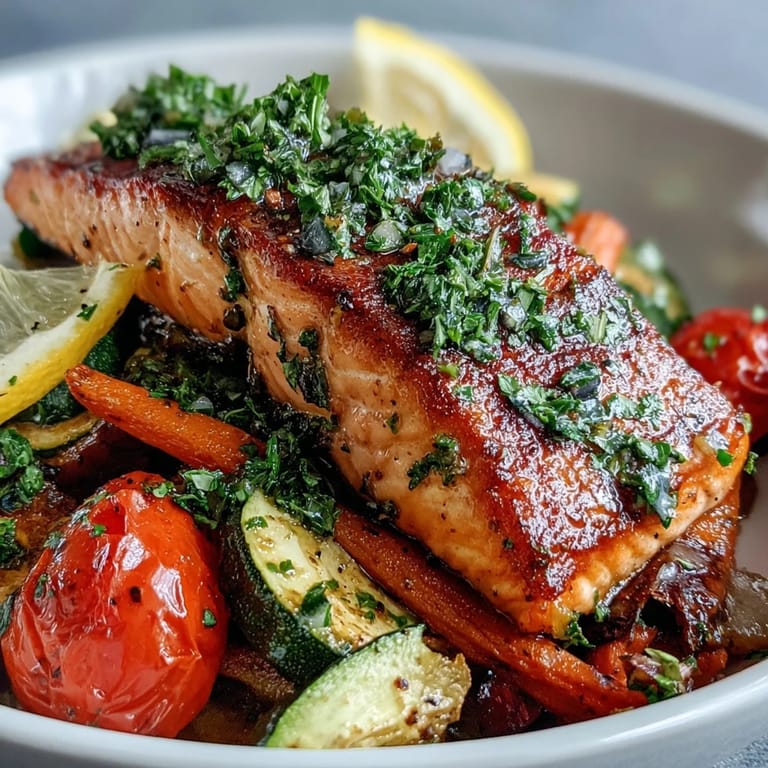 A close-up view of a delicious Sheet Pan Salmon and Veggies Bowl with zucchini, cherry tomatoes, and fresh lemon wedges for squeezing.