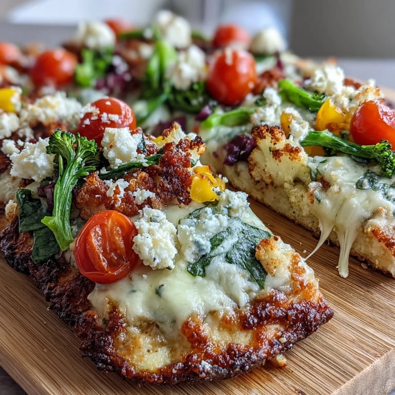 Festive St. Patrick's Day flatbread pizza bursting with colorful vegetables arranged in rainbow order, topped with creamy cheeses.