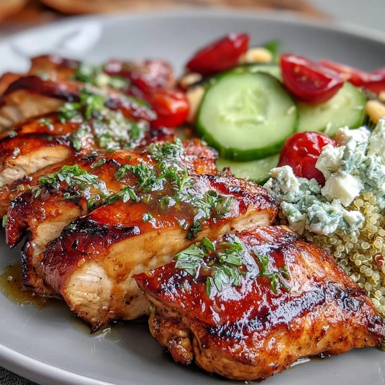 Lemon vinaigrette grilled chicken served over quinoa with cherry tomatoes, cucumber, and bell peppers in a nutritious, colorful bowl.  