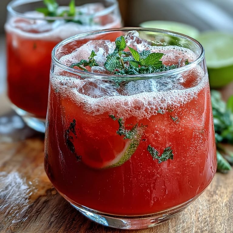 Vibrant Watermelon Lime Sparkling Punch served in glasses with ice, garnished with mint and lime for a zesty, thirst-quenching drink.