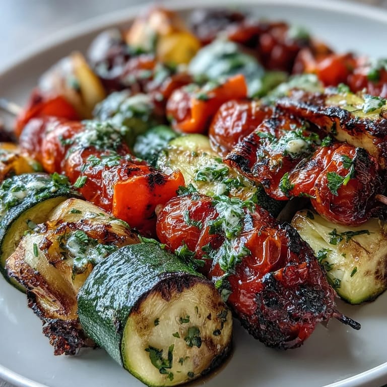 Charred vegetable skewers drizzled with fresh chimichurri, a perfect vegetarian dish for warm-weather gatherings.  