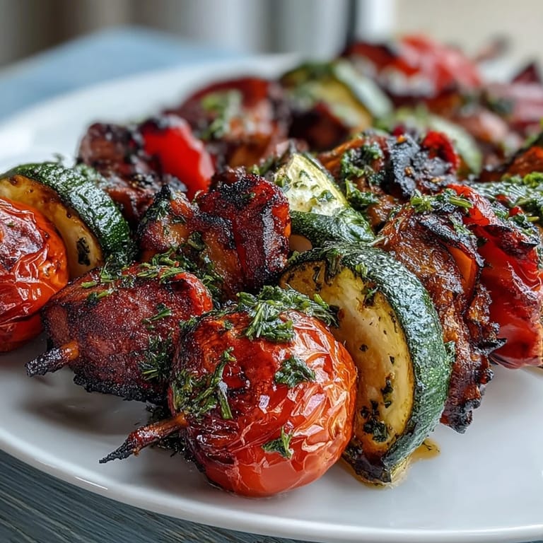 Grilled vegetable skewers with herby chimichurri sauce, showcasing seasonal produce and bold, zesty flavors.