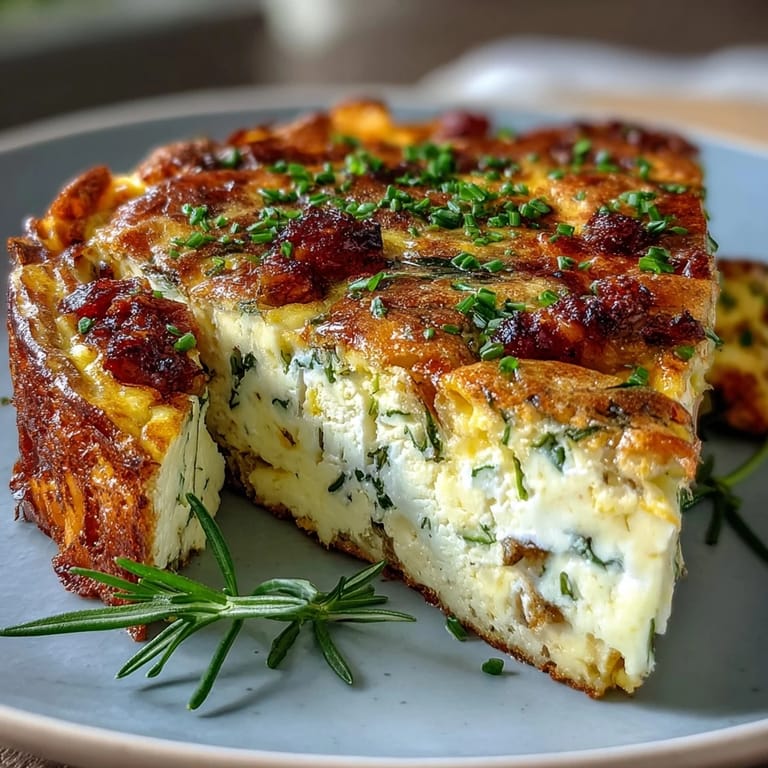A close-up of a freshly baked slice of spring frittata showcasing layers of green asparagus and creamy white goat cheese.