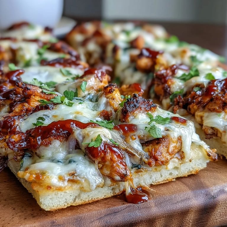 Grilled BBQ chicken flatbread pizza topped with red onion, jalapeño, and a drizzle of tangy barbecue sauce for bold flavor.  