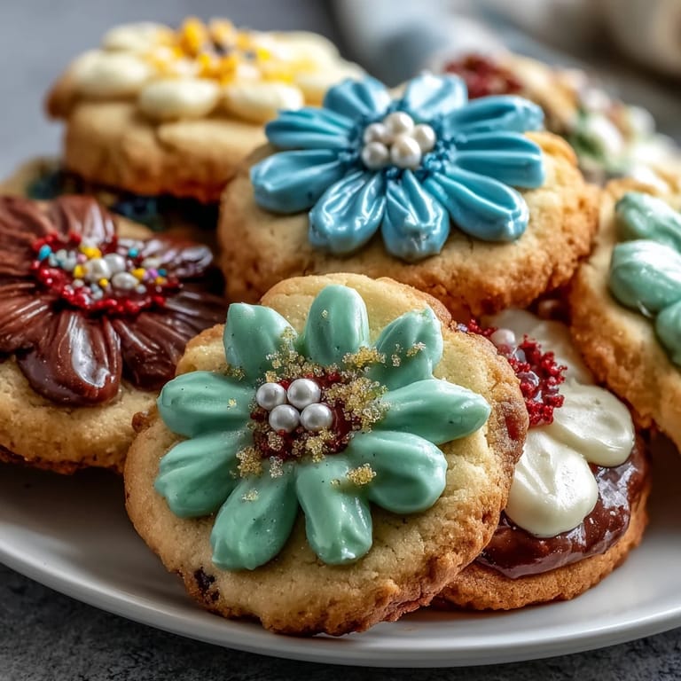 Delicate, flower-shaped cookies decorated with colorful royal icing, offering a crisp, sweet bite ideal for seasonal gatherings.