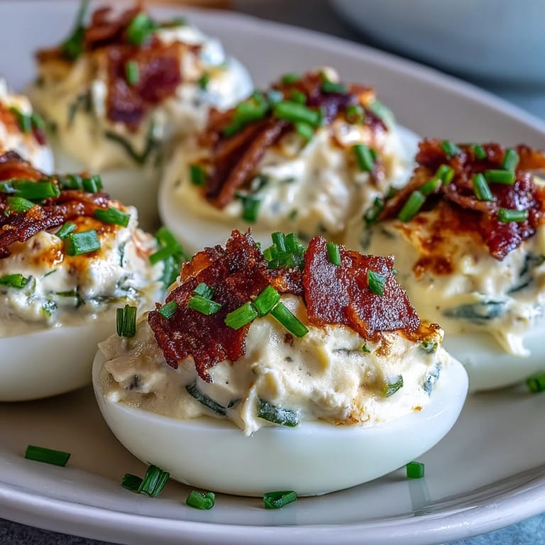 Classic deviled eggs with jalapeño popper flair, featuring smooth cream cheese and smoky bacon garnish.