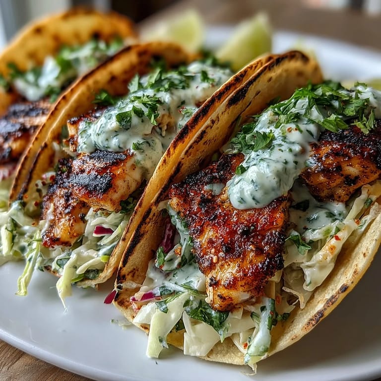 Fresh grilled fish tacos featuring coconut lime marinade, crunchy vegetable slaw, and smooth coconut lime crema for a tropical twist.