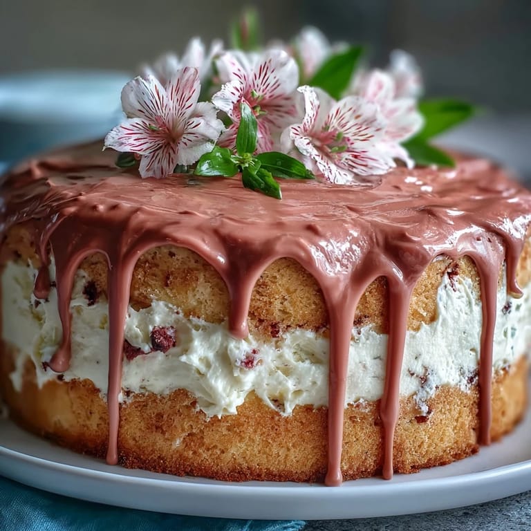 Elegant layered vanilla cake with vibrant strawberry buttercream, white chocolate drip, and edible flower decoration for a stunning springtime dessert.