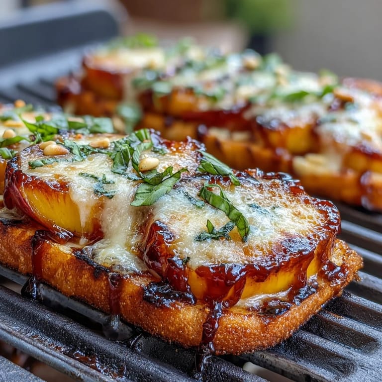 Sweet grilled peaches and creamy Brie cheese on crispy flatbread, drizzled with BBQ sauce and honey.