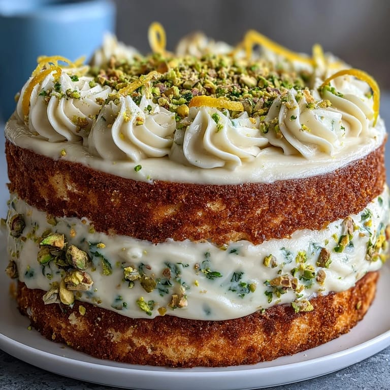 Vibrant spring birthday cake featuring lemon layers, pistachio frosting, and edible flowers, perfect for a colorful and flavorful celebration centerpiece.