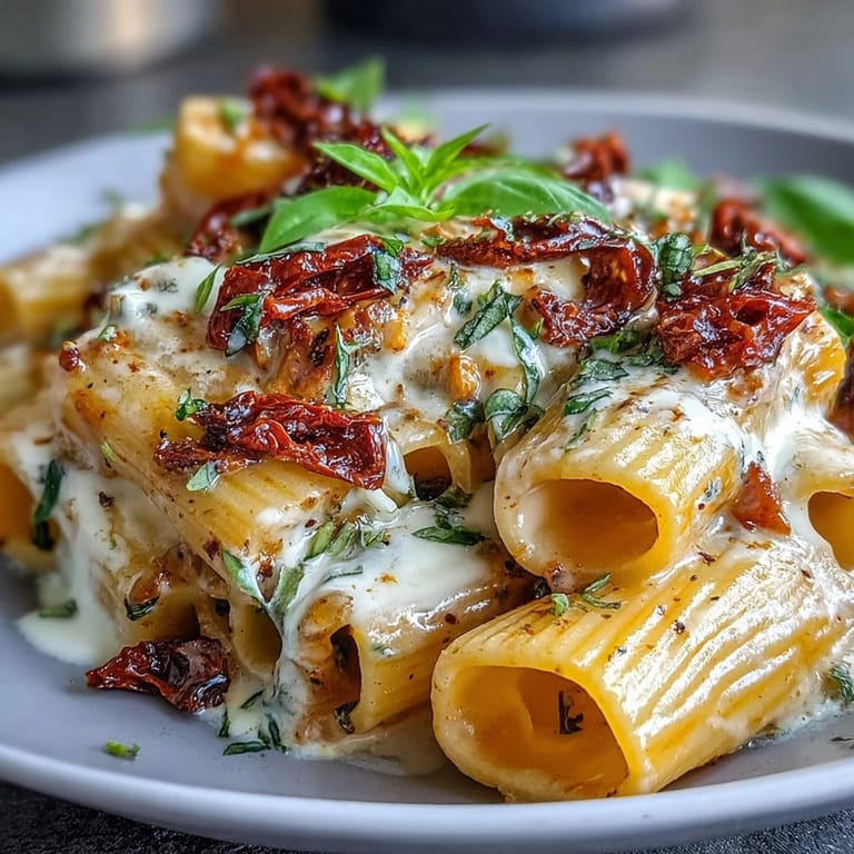 Luxurious Marry Me Pasta dish with sun-dried tomatoes, creamy sauce, and parmesan, served hot with fresh basil garnish.