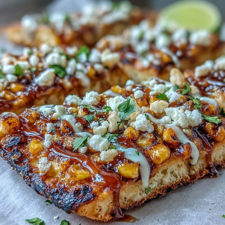 Festive Mexican-inspired flatbread with grilled corn, creamy cotija, and spicy jalapeño crema, garnished with fresh cilantro.  