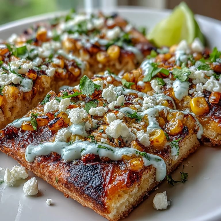 Colorful Cinco de Mayo flatbread featuring smoky street corn, tangy jalapeño crema, and crumbled cotija cheese on crispy crust.