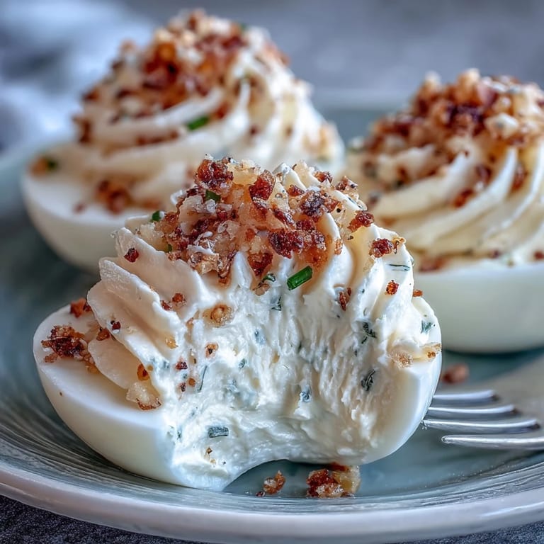 Savory everything bagel deviled eggs topped with cream cheese filling and crunchy seasoning blend for a crowd-pleasing appetizer.  