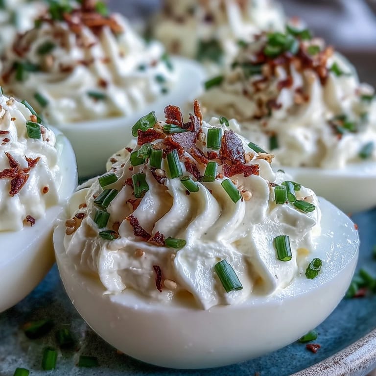 Classic deviled eggs reimagined with smooth cream cheese and everything bagel spice, garnished with fresh chives and ready to serve.