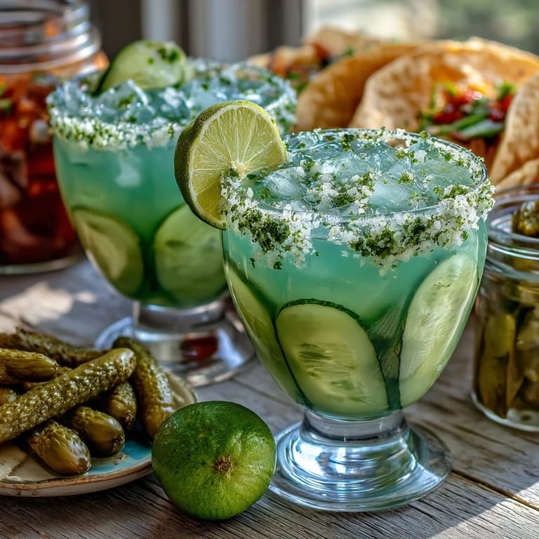 Vivid green and salt-crusted glass for the bold Viral Pickle Margarita Mocktail.
