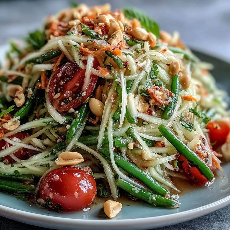 Deliciously refreshing Thai Papaya Salad, a colorful healthy dish with crunchy peanuts.
