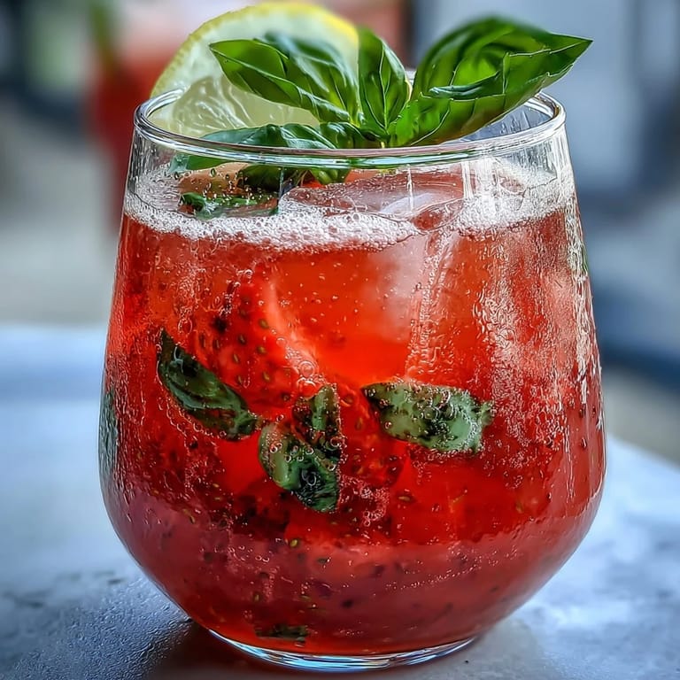 A close-up of a sparkling Strawberry Basil Lemonade pitcher, perfect for summer entertaining.
