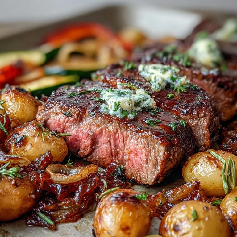 Sheet pan dinner with tender steak and crispy potatoes, a perfect meal.