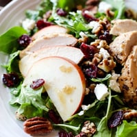 Fresh sliced Honeycrisp apples and tender chicken rest on a bed of mixed greens with crumbled feta and dried cranberries, all topped with golden caramel-pecan dressing.