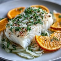 A top-down view of poached cod with fennel and orange, garnished with fresh fennel fronds and zesty orange slices on a rustic plate.