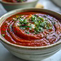 Silky roasted red pepper soup garnished with fresh cilantro and a crème fraîche swirl served in a rustic bowl.