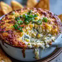 A warm bowl of Crack Corn Dip topped with melted cheddar and green onions, served with tortilla chips for dipping.