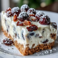 Festive Christmas Cheesecake Slab with creamy whipped topping and snowy icing sugar dusting on a slice. 