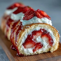 Delicate slices of homemade Strawberry Shortcake Sushi Roll display creamy whipped cream and fresh berry spirals on a ceramic platter.