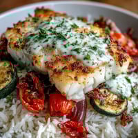 Golden-brown pan-seared fish bowl with fluffy rice, caramelized roasted vegetables, and a drizzle of vibrant lemon sauce.