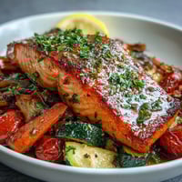 Golden-baked Sheet Pan Salmon and Veggies Bowl with flaky fish, roasted red peppers, and caramelized onions, served hot from the oven.