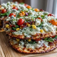 Vibrant St. Patrick's Day rainbow veggie flatbread pizza with fresh mozzarella and feta, baked to golden perfection.