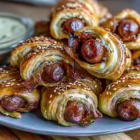 Golden, flaky crescent-wrapped cocktail sausages ready for dipping in tangy honey mustard sauce, perfect for parties.