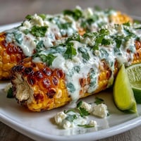 A plate of elote-style microwave corn on the cob, slathered in creamy sauce and topped with crumbled Cotija cheese and chili powder.