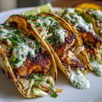 Grilled fish tacos with coconut lime marinade, topped with crunchy cabbage slaw and creamy coconut lime crema in warm tortillas.  