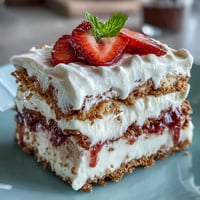 Festive Memorial Day icebox cake with layers of whipped cream, graham crackers, and fresh strawberries.