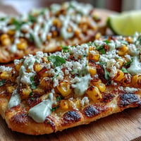Cinco de Mayo Street Corn Flatbread with Jalapeño Crema, topped with charred corn, cotija cheese, and zesty jalapeño crema.  