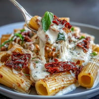 Creamy Marry Me Pasta with sun-dried tomatoes, garlic, and parmesan in a rich sauce, garnished with fresh basil and extra cheese.