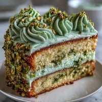 Layered lemon pistachio cake with zesty sponge and creamy frosting, decorated with chopped pistachios and lemon zest for a festive spring birthday dessert.