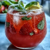 Vibrant Strawberry Basil Lemonade pitcher overflowing with fresh fruit and ice.