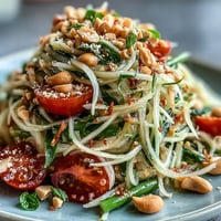 Vibrant Thai Papaya Salad with peanuts, bursting with fresh flavors and lime.