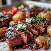 Golden Father's Day Steak and Potato Sheet Pan Dinner, ready to serve.